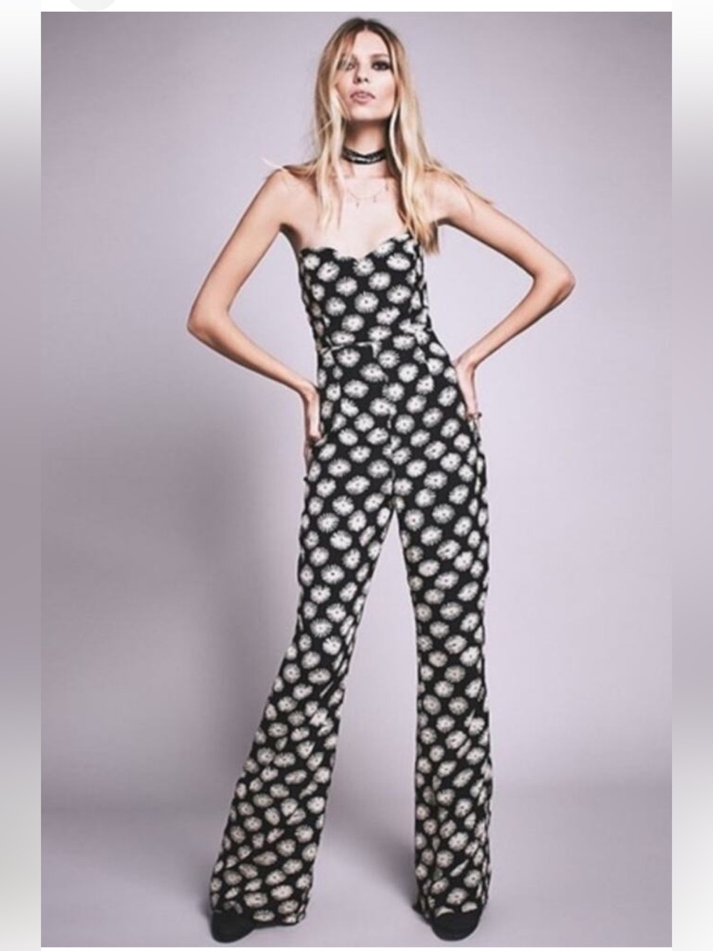 Stone Cold Fox Libra Strapless Jumpsuit Black Cream Floral Burst Size 2 Medium